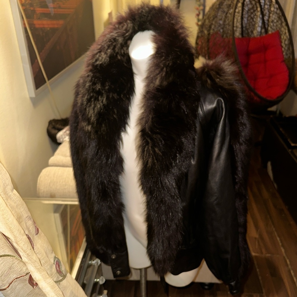 Designer Black Leather Jacket with Dark Brown Fox Fur
